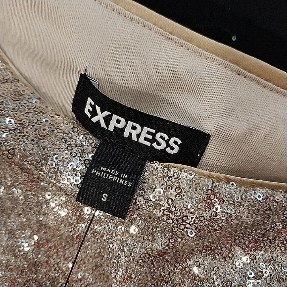 NWT Express Champagne Short Sleeve Sequined Ruched Mini Dress Size Small - Picture 11 of 16